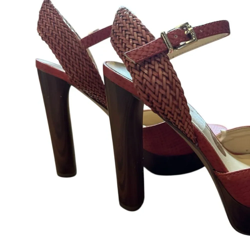 Jessica Simpson istilla burnt orange wood heel basketweave straps platform heels